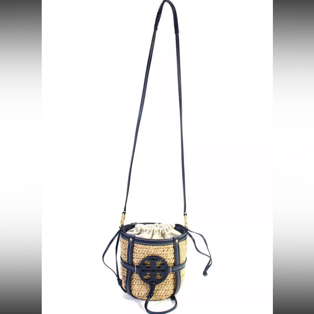 Tory Burch Leather Trim Basket Weave Drawstring Bucket Bag Blue - Picture 9 of 12